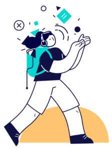Illustrated person walking while wearing stuffed backpack and headphones, juggling various DIY Business tools