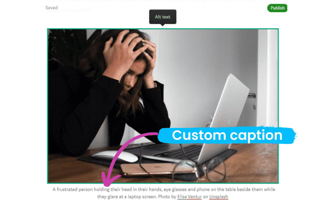 Arrow pointing to a custom caption below an image on Medium.