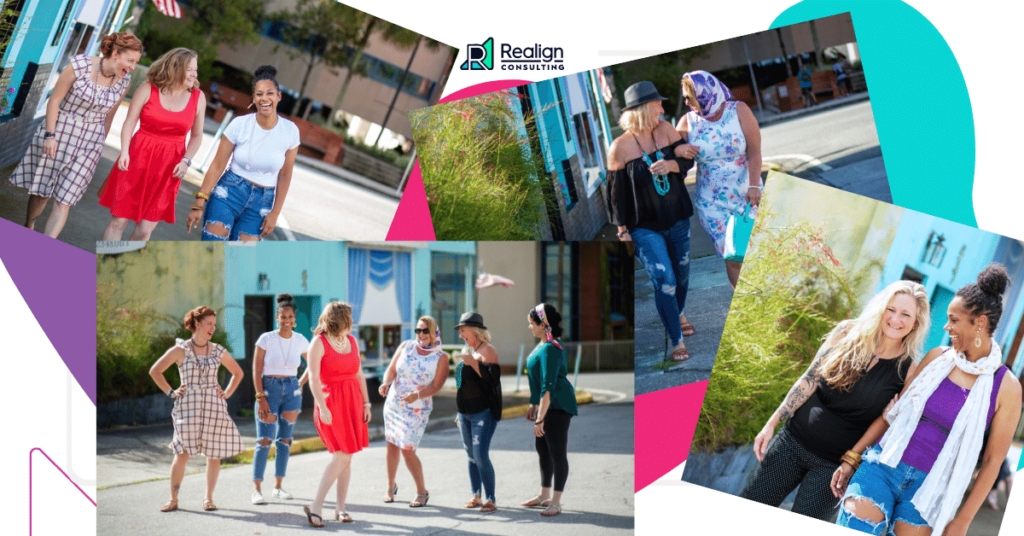 Photo collage of women in an array of outfits laughing and hanging out.