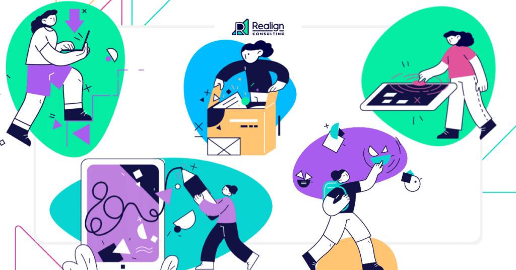 Colorful illustrations of people working to develop values-driven business strategies