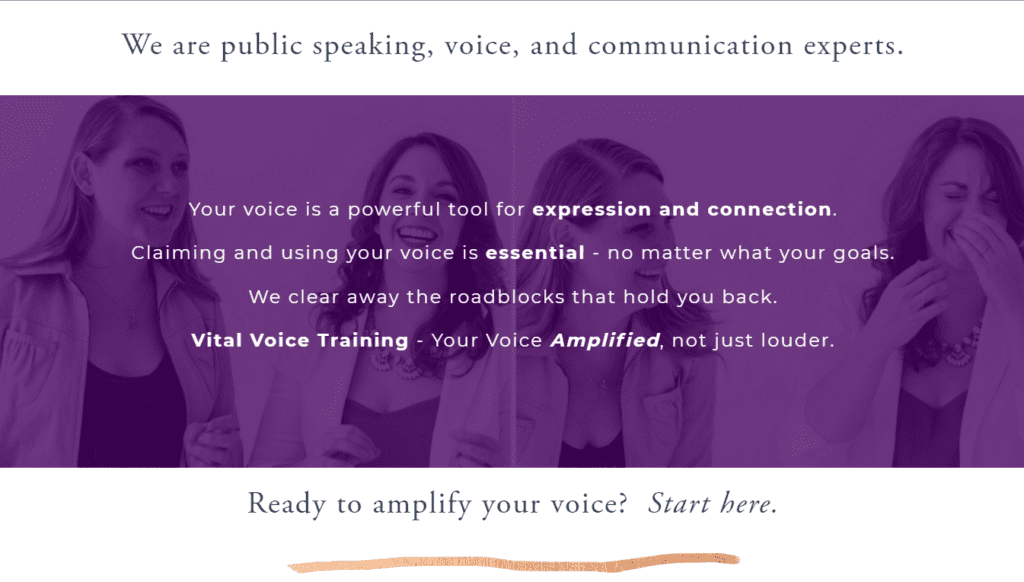 Another look at the Vital Voice Training homepage in 2019, showing some soft pink elements.