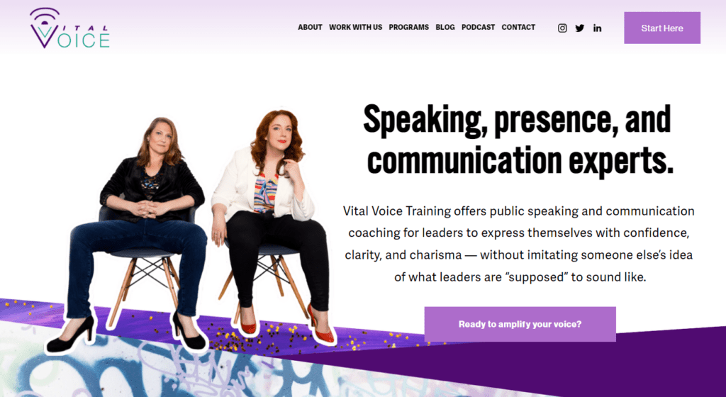Vital Voice Training homepage in 2022 showing Julie and Casey striking confident poses, a lot more white space, and bold purple accent elements.