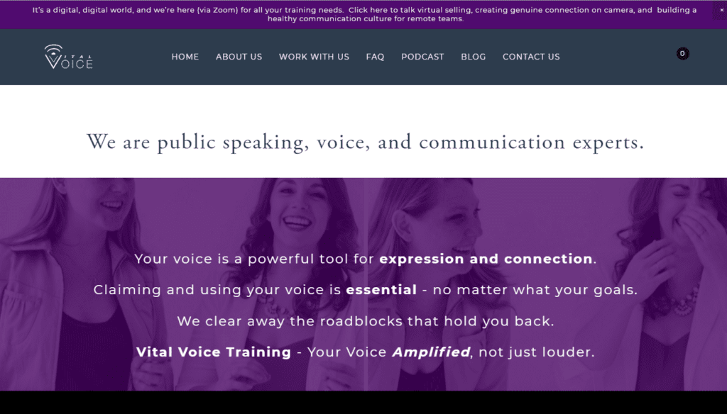 Homepage of Vital Voice Training in 2019, which included pictures of Julie and Casey laughing with a purple overlay