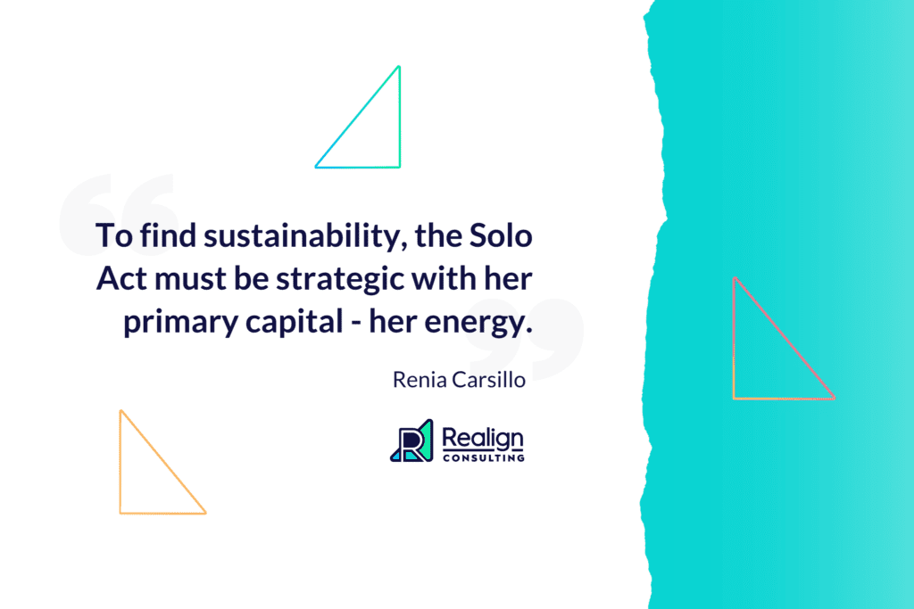 Quote from Renia Carsillo, To find sustainability, the Solo Act must be strategic with her primary capital - her energy.