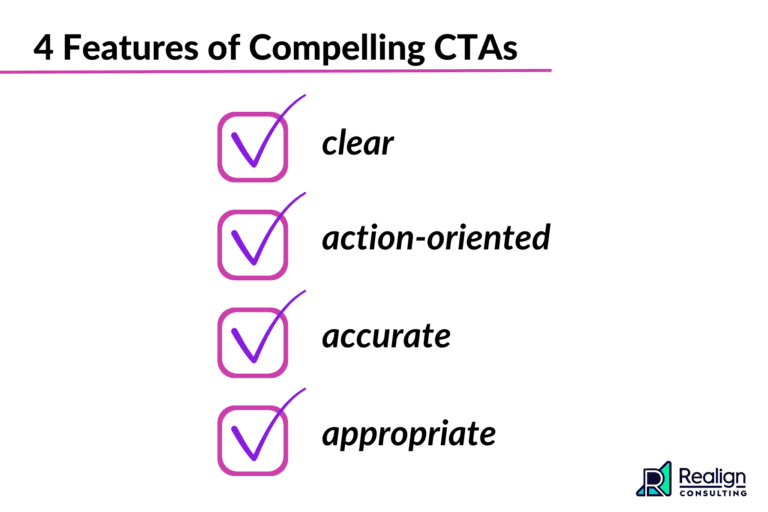 A list of the 4 features of a compelling CTA: clear, action-oriented, accurate, and appropriate