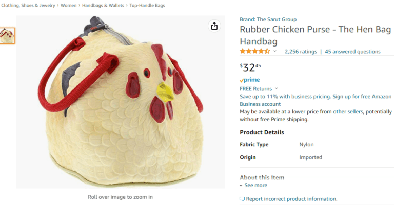 Amazon product page for a rubber chicken purse with a 4.6 customer rating.