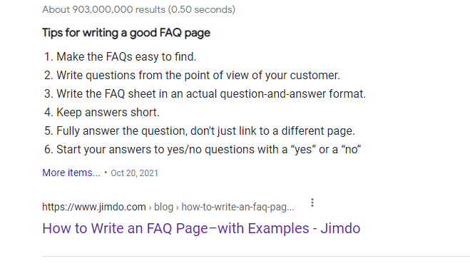 Search results page from the query "How to write an FAQ page"