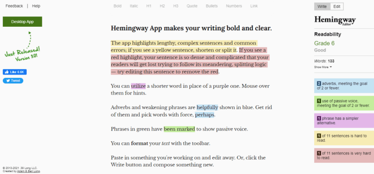 Hemingway App home screen with sample highlighted text
