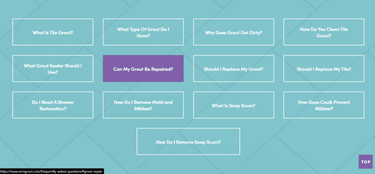 The question menu of Mrs. Grout’s FAQ page, with the question “Can my grout be repaired?” highlighted in purple.