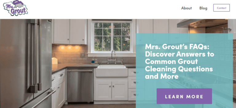 Mrs. Grout's FAQ page with the headline "Discover answers to common grout cleaning questions and more."