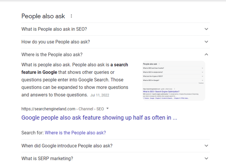 The "people also ask" section of a search results page showing other questions people ask when using a similar search query.