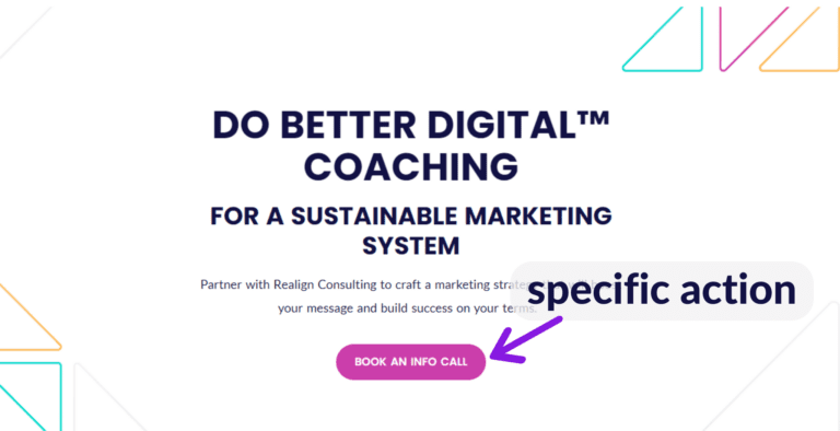 The Realign Consulting coaching package service page, with an arrow pointing to the CTA button that reads, "Book an info call."