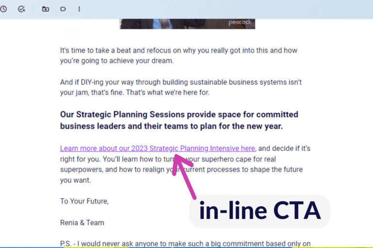 A Realign Consulting email with an arrow pointing to the linked sentence, "Learn more about our Strategic Planning Intensive here."
