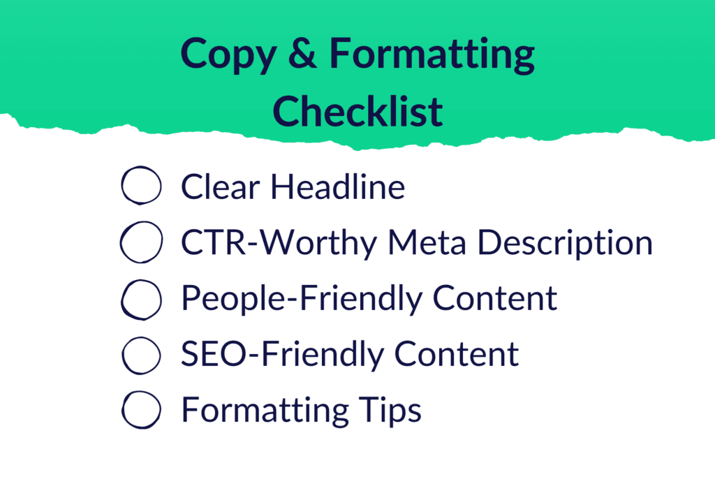 Sneak peek of the copywriting checklist, which includes how to write a clear headline, CTR-worthy meta description, and more.