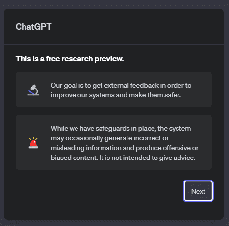 ChatGPT pop-up with a warning that it may produce misleading for biased information.