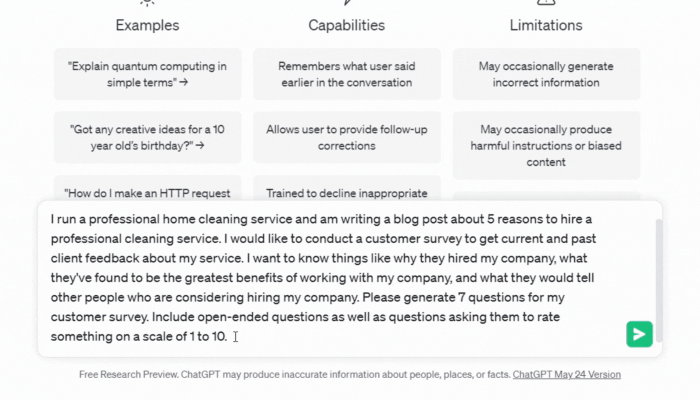 ChatGPT generating a list of survey questions after being given information for context and format.