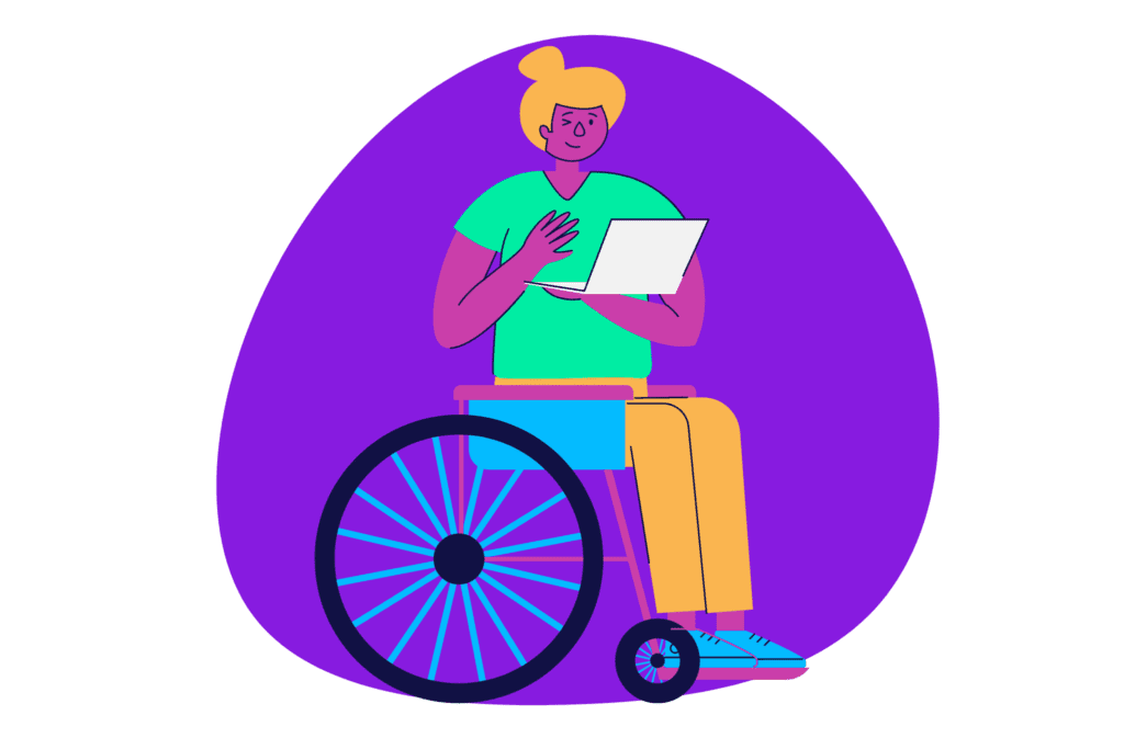 An illustrated wheelchair user working on their laptop.