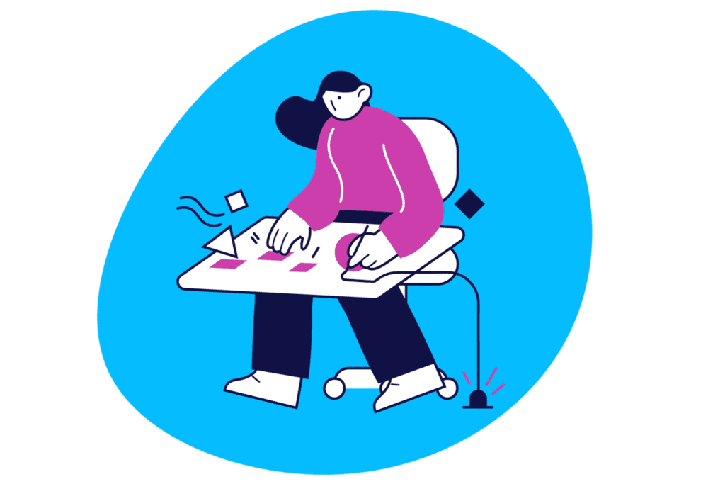 An illustrated person working on a desk with geometric figures that represent the strategic approach of the brand's digital marketing solutions