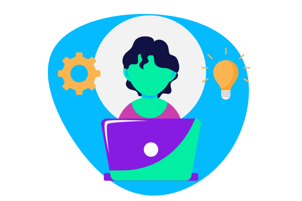 An illustrated person working at a laptop, strategizing and developing new ideas
