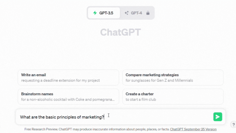 ChatGPT generating an answer to the question, "What are the basic principles of marketing?"