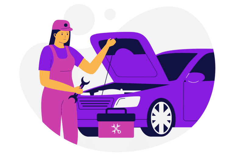 A woman mechanic holding a wrench and looking under the hood of a car.