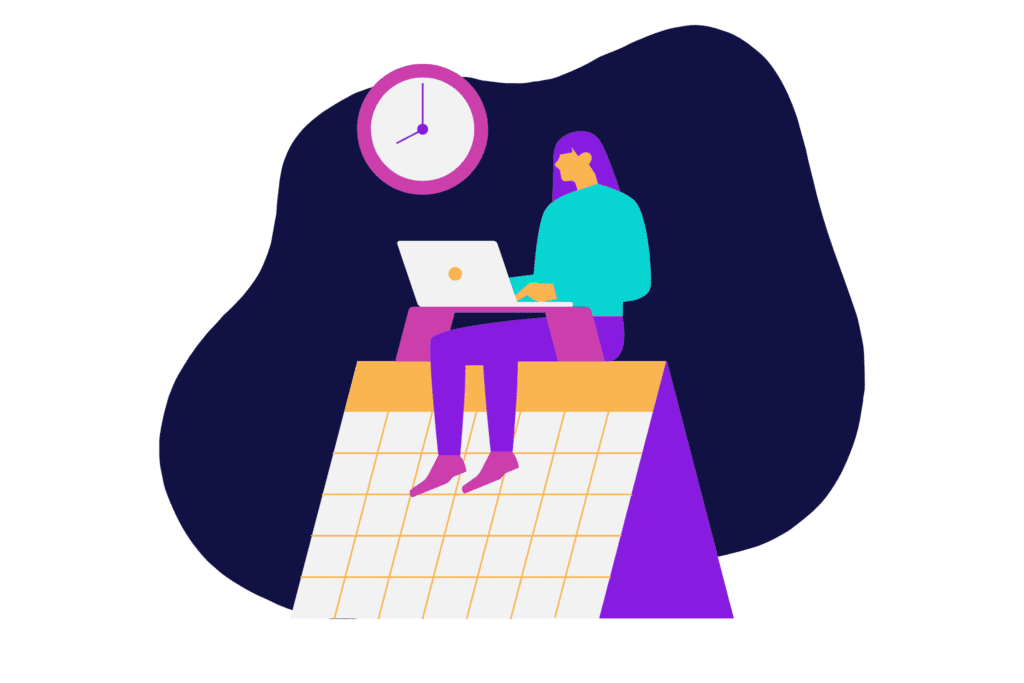 An illustrated person typing on a laptop and sitting on top of a giant calendar with a clock in the background