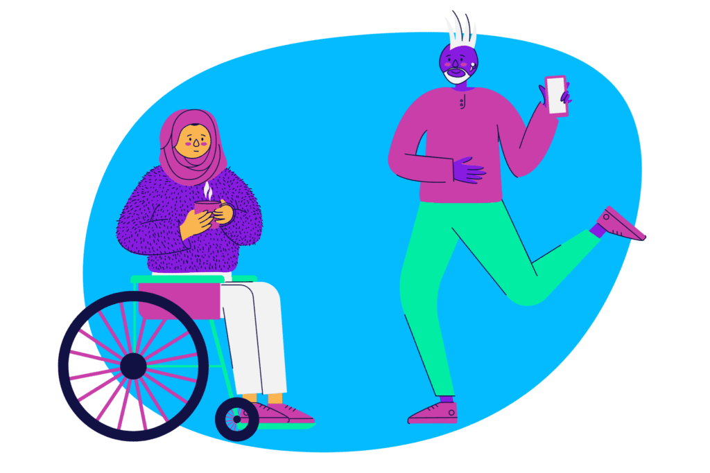 An illustration of a person showing something on their phone to a person in a wheelchair