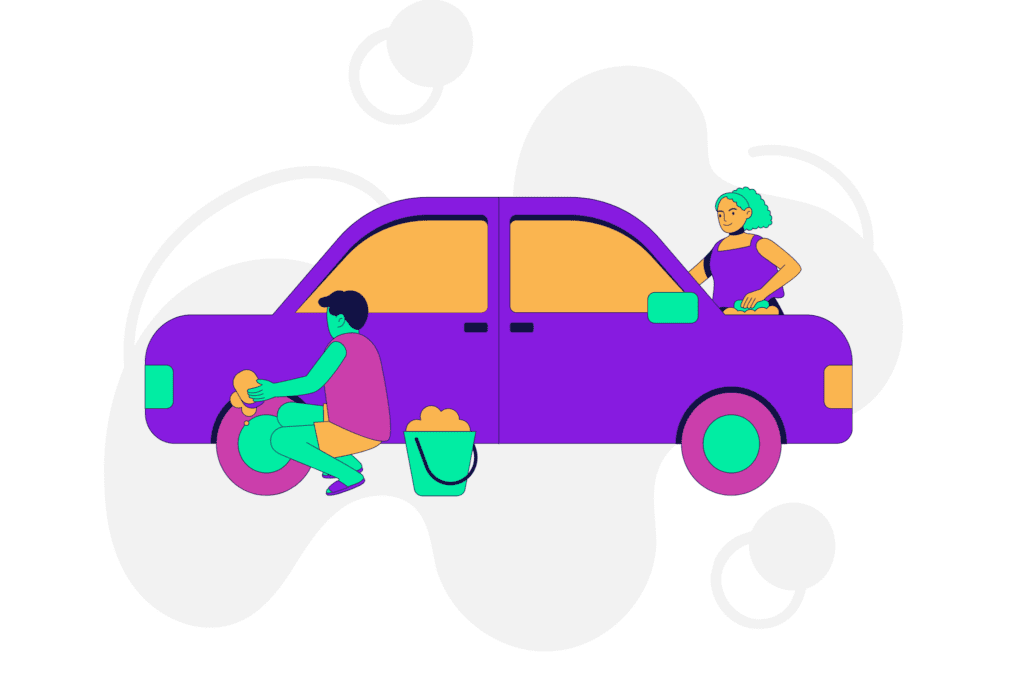 Two illustrated people washing a car
