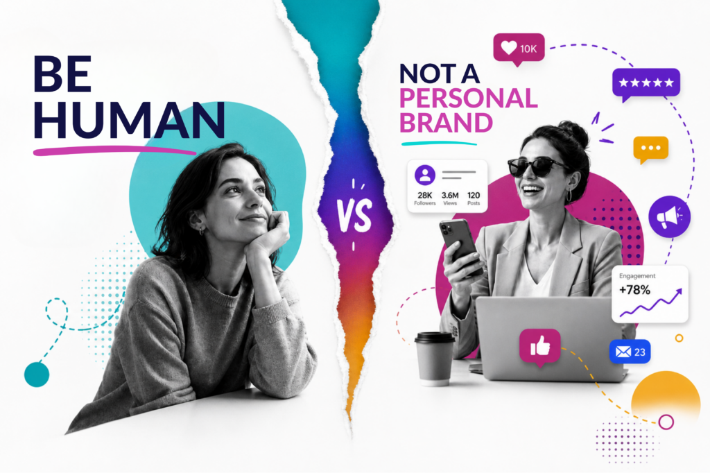 Split-screen graphic contrasting “Be Human” with “Not a Personal Brand.” On one side, a thoughtful person is shown with minimal design elements, while the other features social media metrics, engagement icons, and notifications around a smiling professional using a phone and laptop, highlighting the difference between authentic relationships and performative online branding.