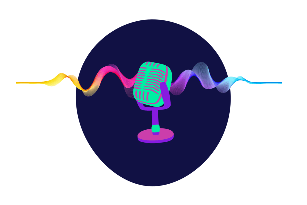 illustrated podcast microphone with colorful sound waves coming from it