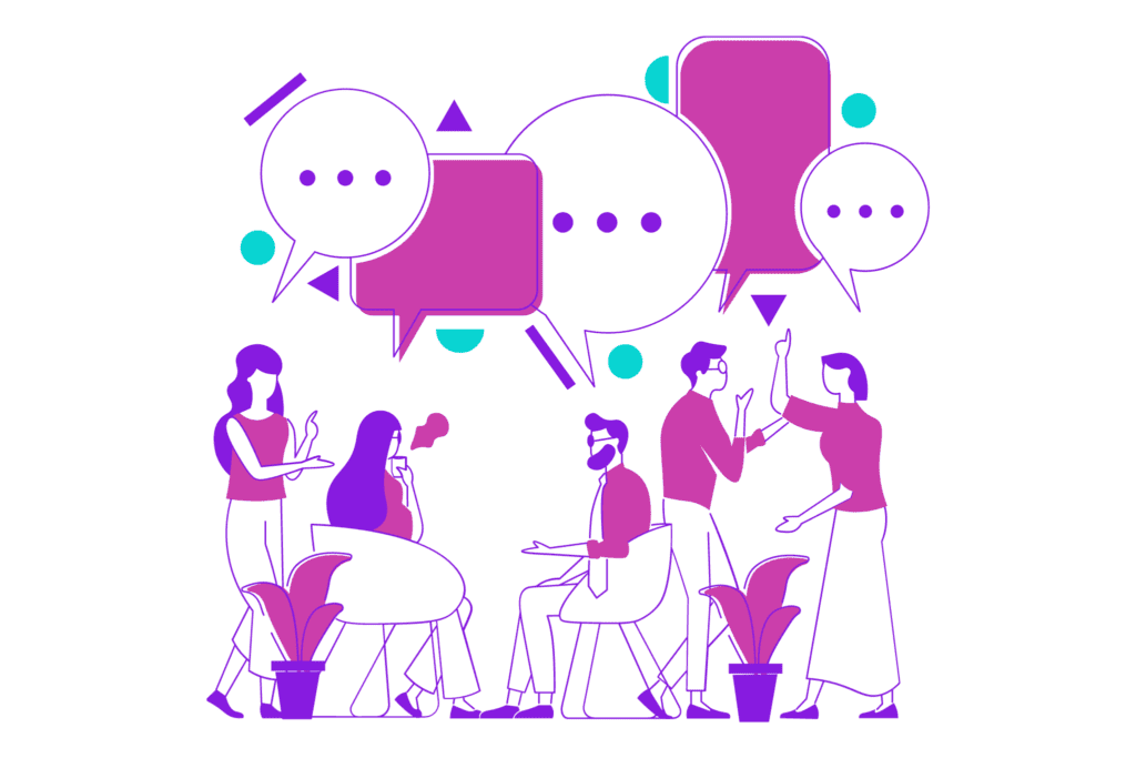 Illustrated people sitting and standing with speech bubbles above their heads.