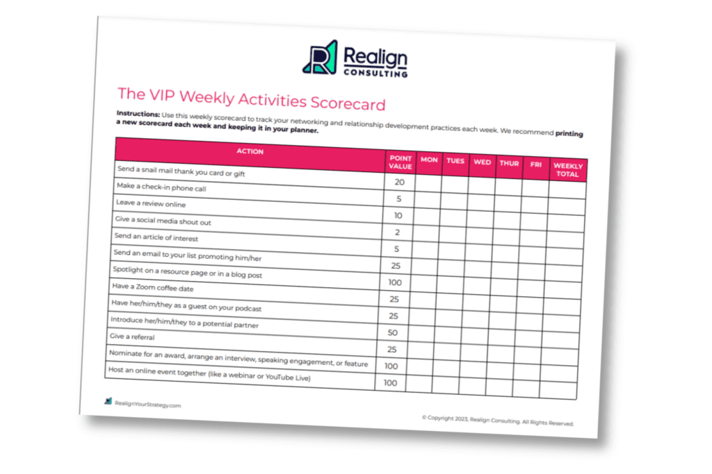 a preview of the Realign Consulting VIP Scorecard for relationship-building strategies