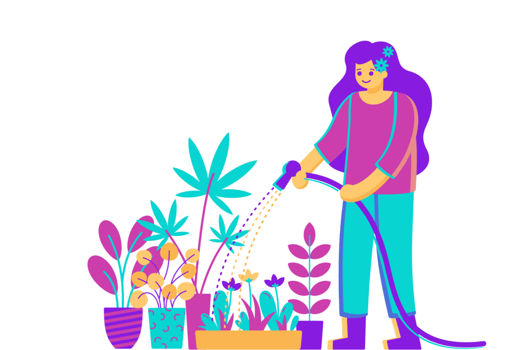 a smiling gardener watering their plants