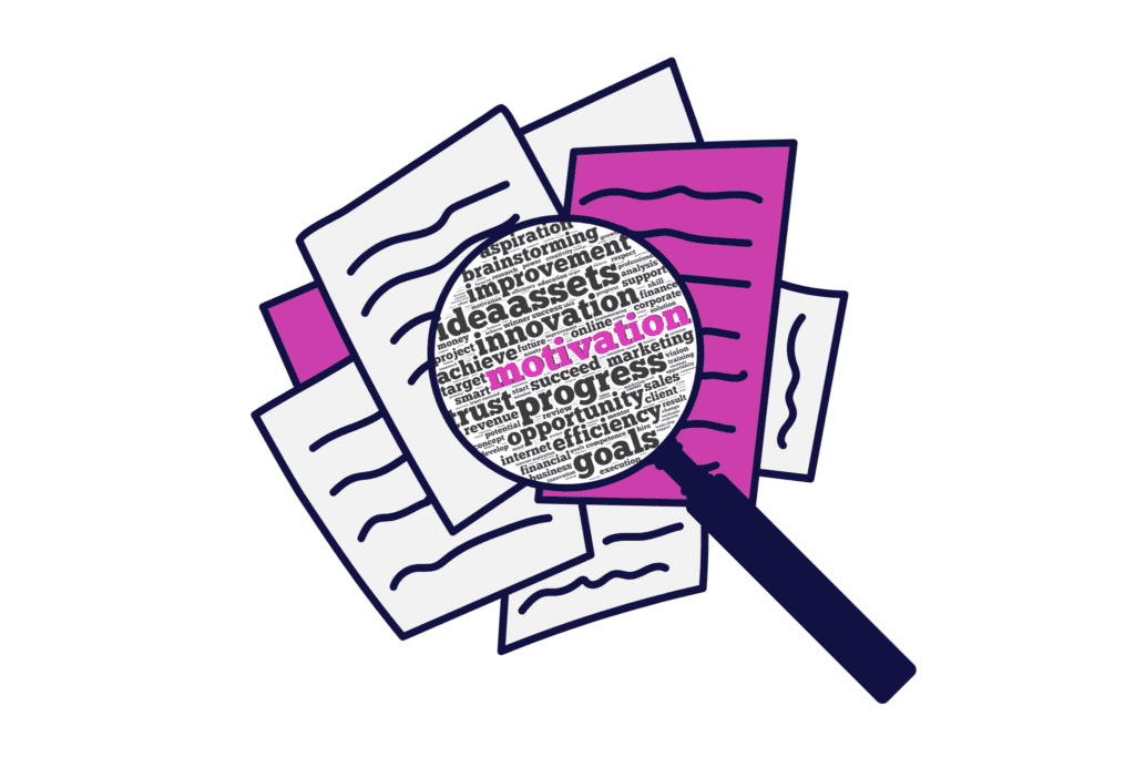 an illustrated magnifying glass hovering over a stack of papers