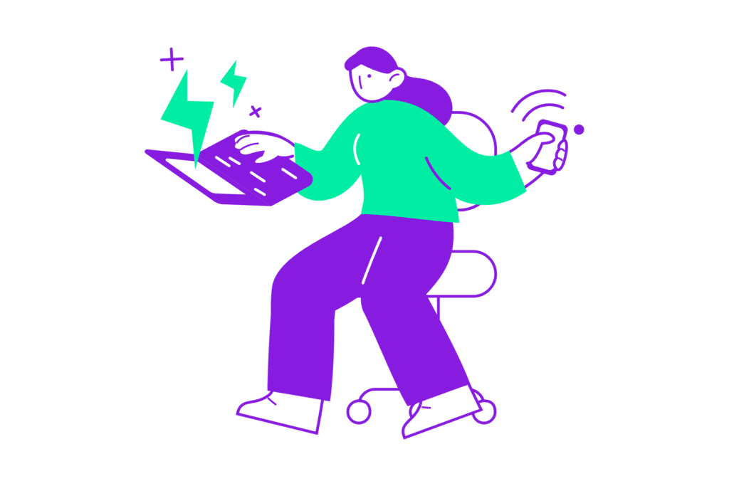 an illustrated person looking stressed while typing on a laptop and phone at the same time