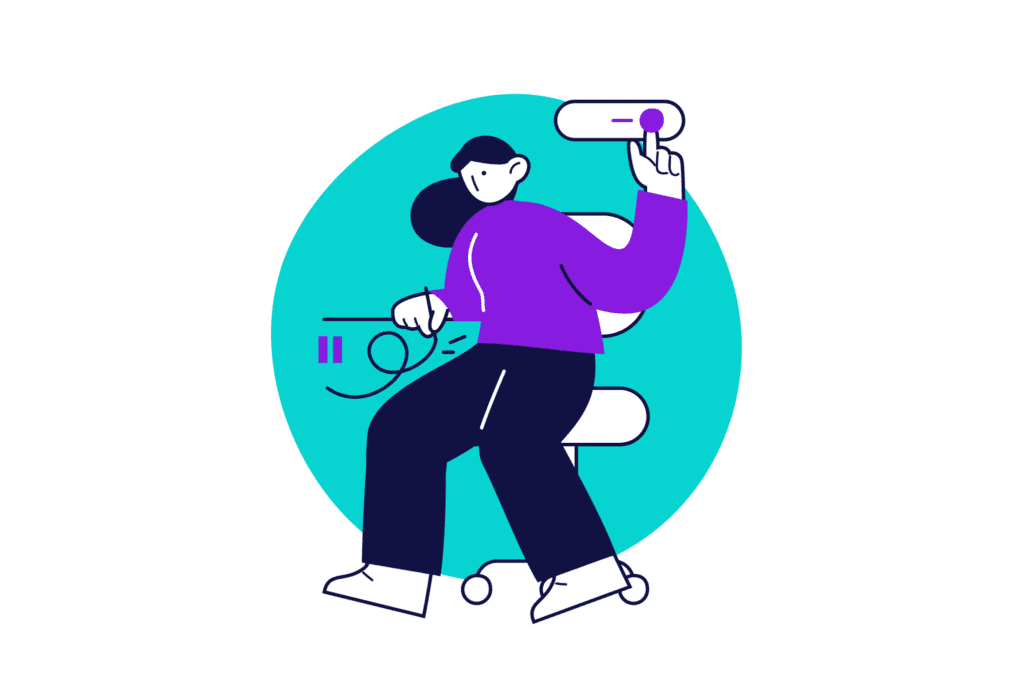 an illustrated person sitting in an office chair and reaching up to adjust a sliding scale
