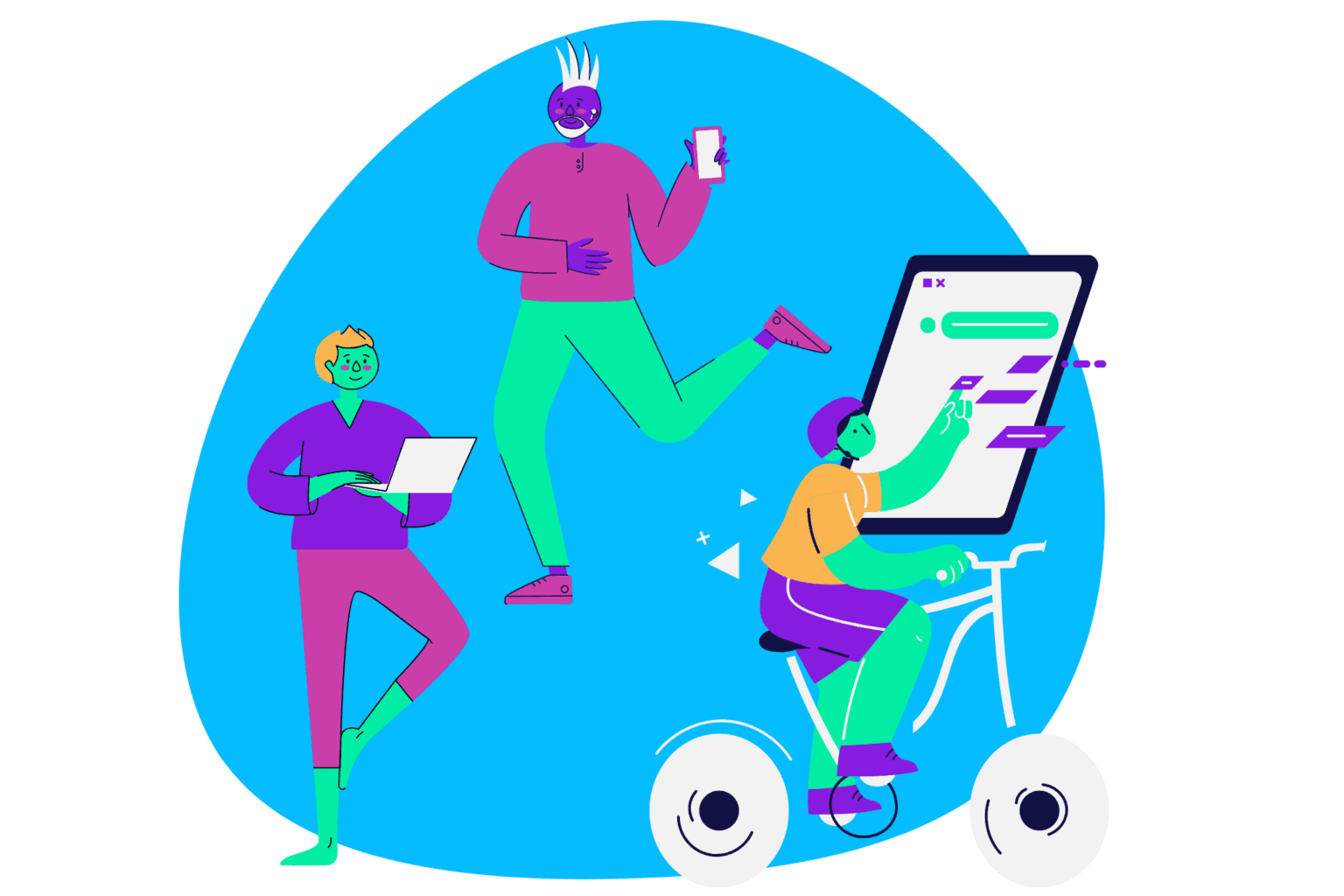 illustrated people on their phones and laptops