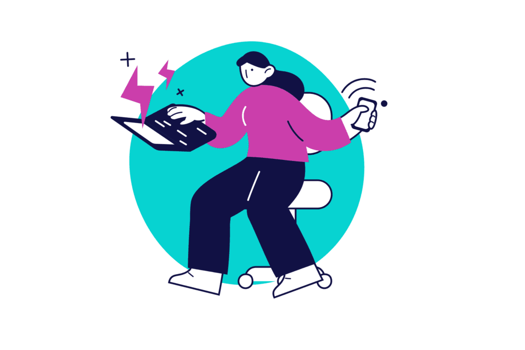 an illustrated person sitting in a desk chair while typing on a laptop and cell phone at the same time