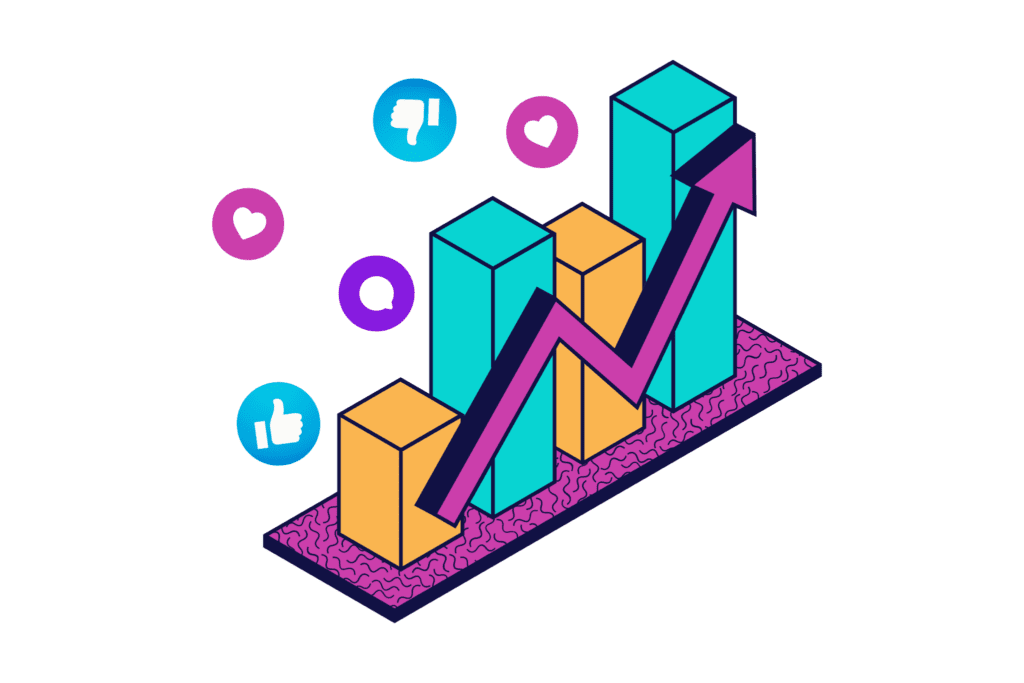 illustrated, brightly colored bar graph with hearts and thumbs-up symbols floating above it