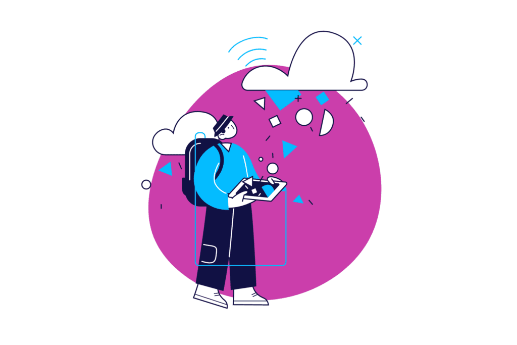 illustrated person holding a tablet under a cloud and collecting a variety of falling shapes