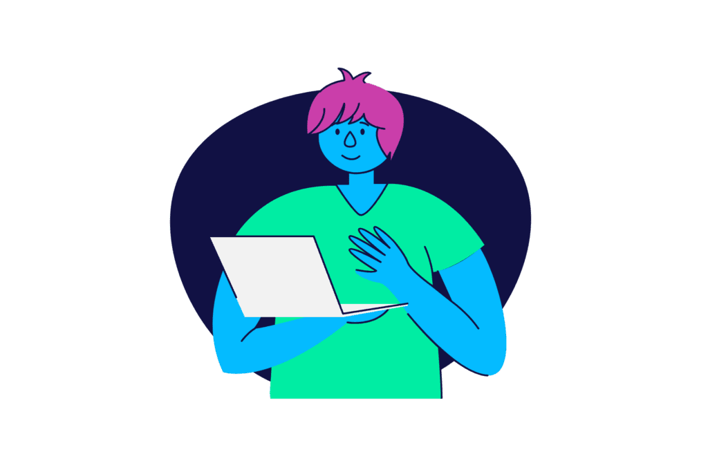 illustrated person holding an open laptop