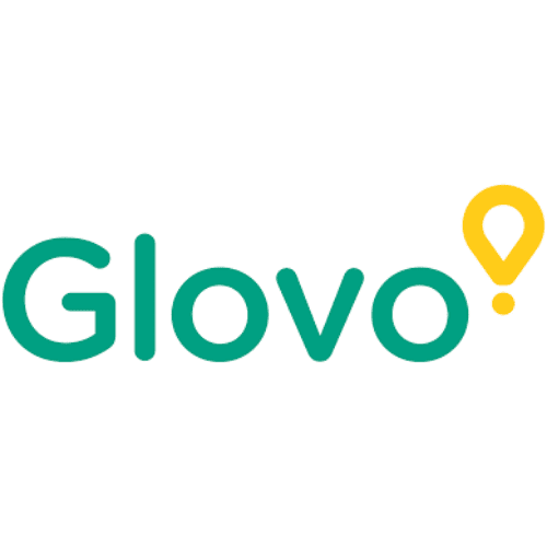 Glovo logo with the word "Glovo" in green, followed by a yellow location pin