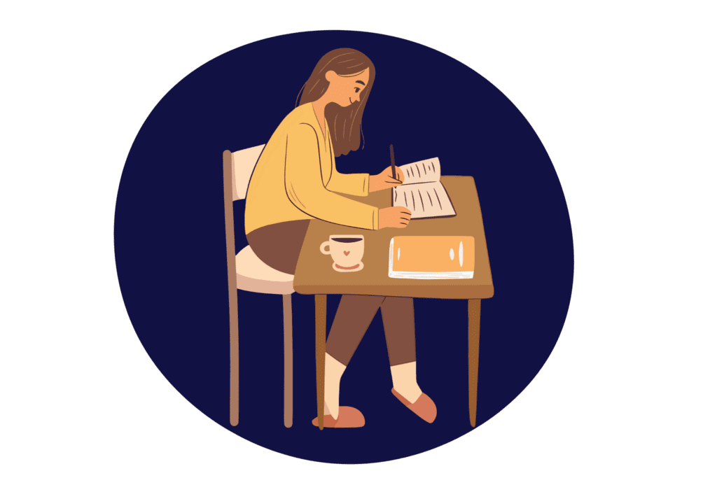 An illustrated person journaling at a desk