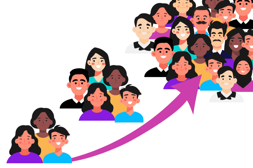 an upward sloping arrow demonstrating growth from a handful of people to a large crowd