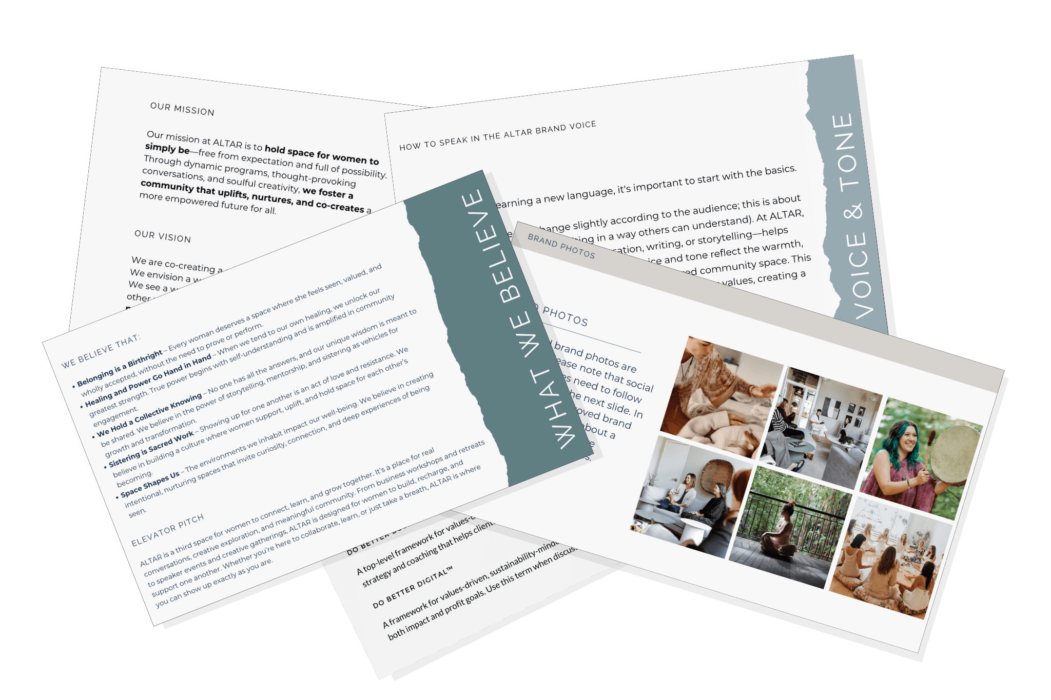 a pile of brand guideline slides creating by Realign Consulting