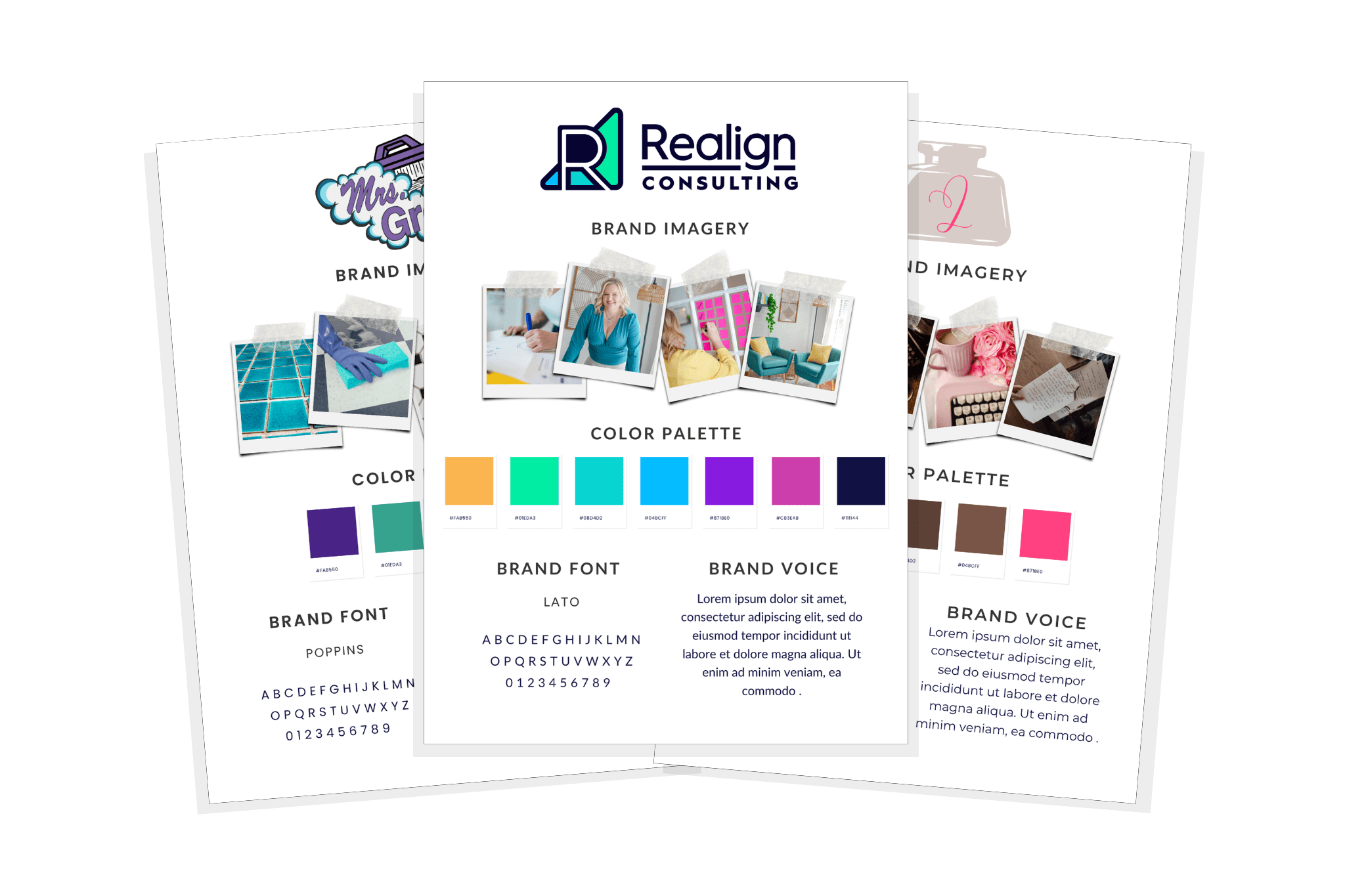 Three brand guide documents created by Realign Consulting showing each brand's imagery, color palette, font, and voice.