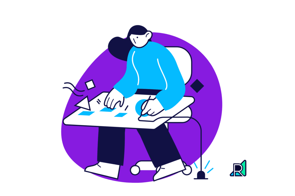 an illustrated person working busily at a desk