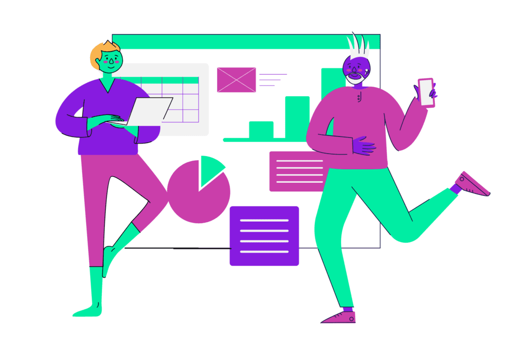 two illustrated people standing in front of oversized graphics and charts