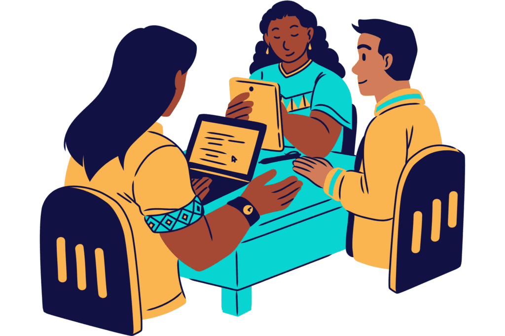 three people around a table with tablets talking
