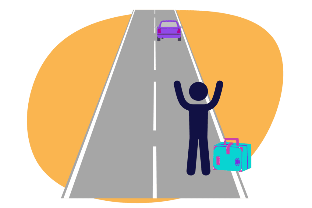 An illustrated person abandoned on the side of the road while a car drives away